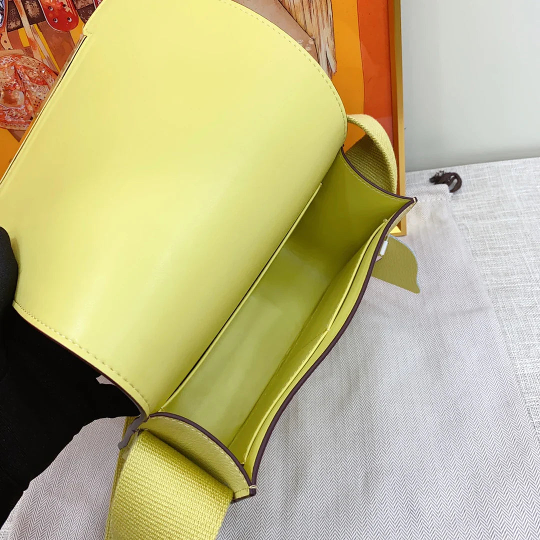 Bright Lemon Citron Yellow Square Flap Crossbody Bag With Geometric Gold Magnetic Buckle & Wide Canvas Shoulder Strap