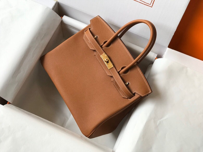 Warm Golden Brown Structured Tote Handbag With Gold Turn Lock and Dual Rolled Top Handles