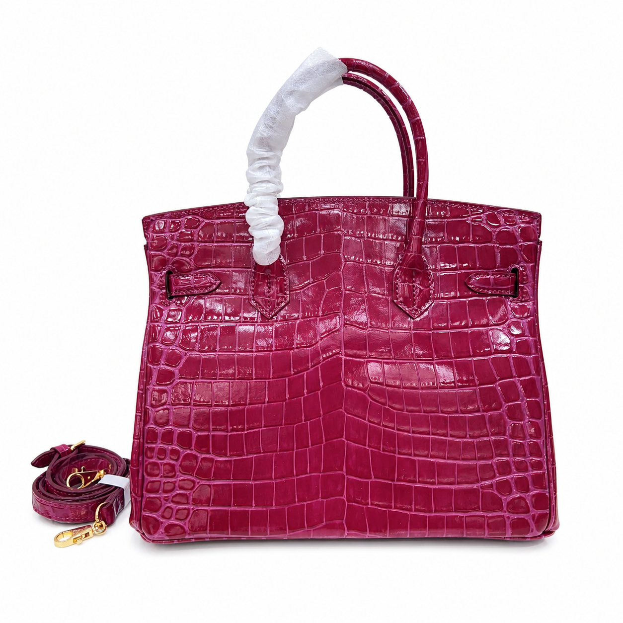 Glossy Ruby Red Crocodile Embossed Structured Tote Bag With Full Set Polished Gold Lock Hardware & Dual Rolled Top Handles