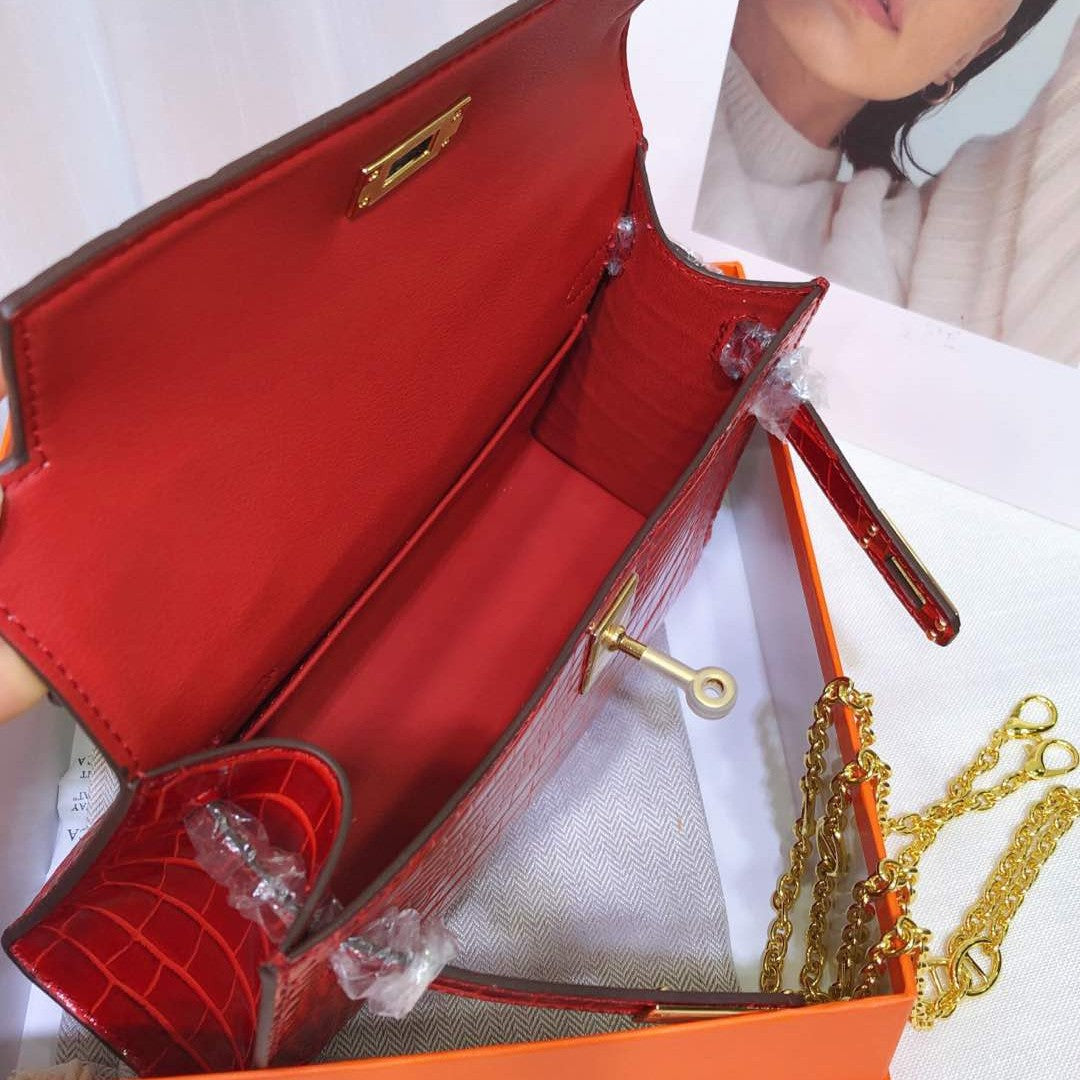 Glossy Scarlet Red Shiny Crocodile Leather Mini Flap Clutch With Polished Gold Turn Lock, Slim Top Handle & Detachable Gold Chain Strap