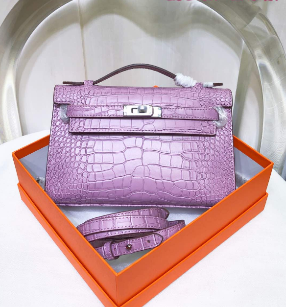 Glossy Lilac Purple Shiny Crocodile Leather Mini Flap Clutch With Silver Turn Lock, Slim Top Handle & Matching Detachable Leather Crossbody Strap