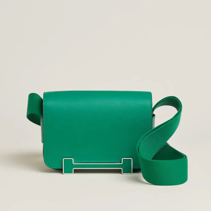 Vibrant Vertigo Green Square Flap Crossbody Bag With Geometric Gold Magnetic Buckle & Wide Woven Shoulder Strap