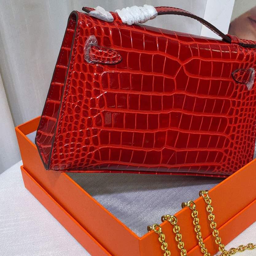 Glossy Scarlet Red Shiny Crocodile Leather Mini Flap Clutch With Polished Gold Turn Lock, Slim Top Handle & Detachable Gold Chain Strap