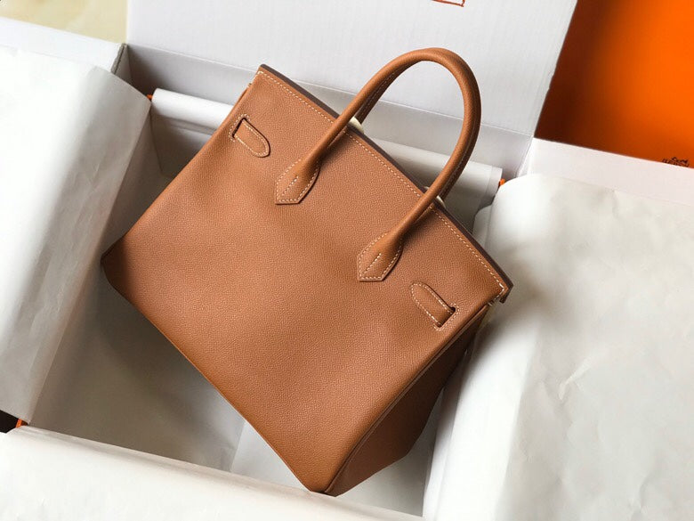 Warm Golden Brown Structured Tote Handbag With Gold Turn Lock and Dual Rolled Top Handles