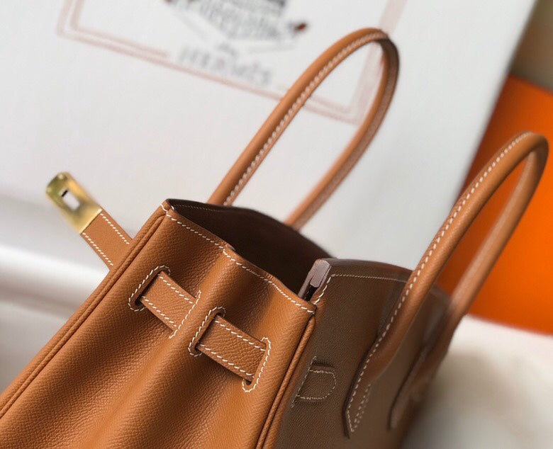 Warm Golden Brown Structured Tote Handbag With Gold Turn Lock and Dual Rolled Top Handles