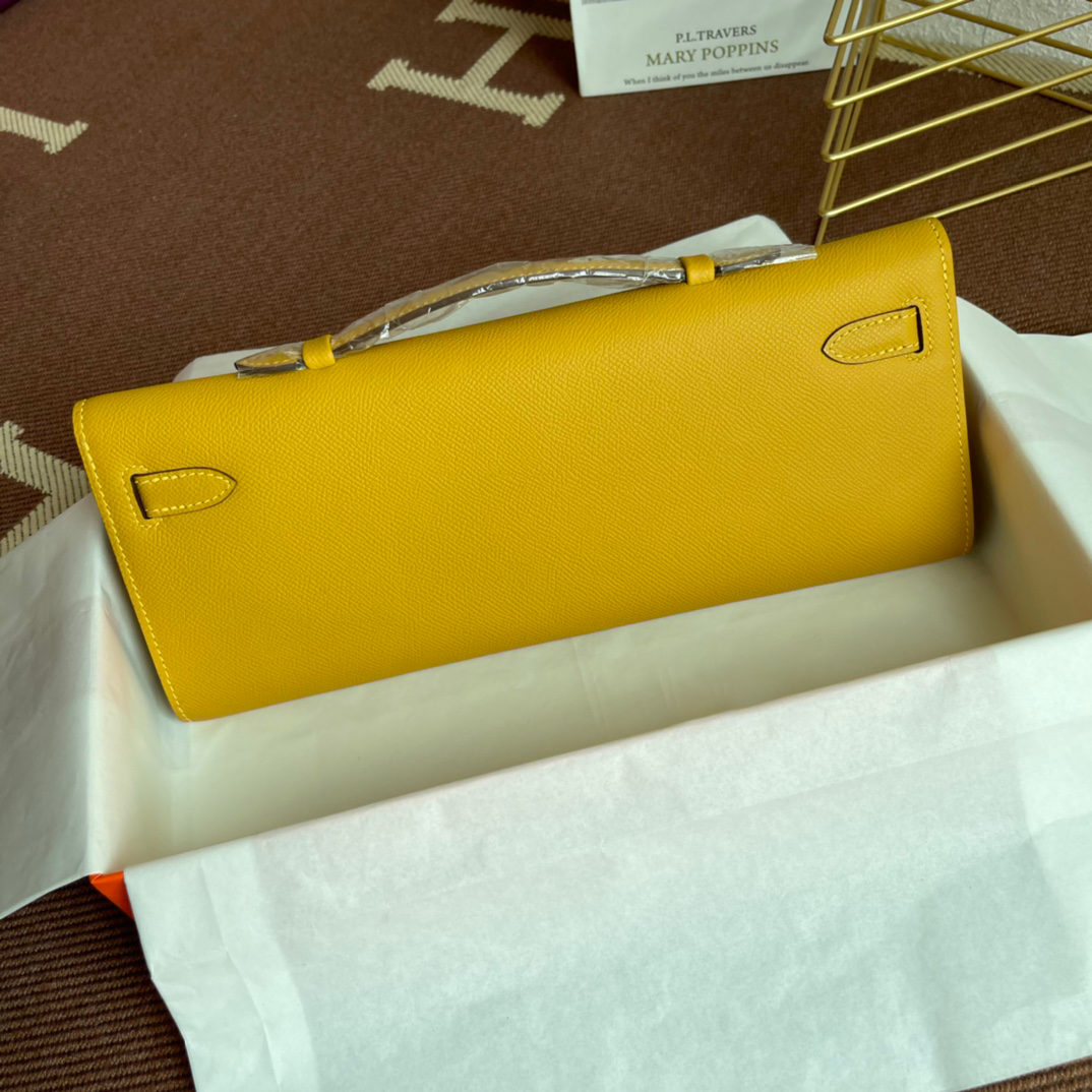 Warm Amber Yellow Long Flap Clutch With Mixed Gold & Silver Turn Lock and Slim Wrist Strap