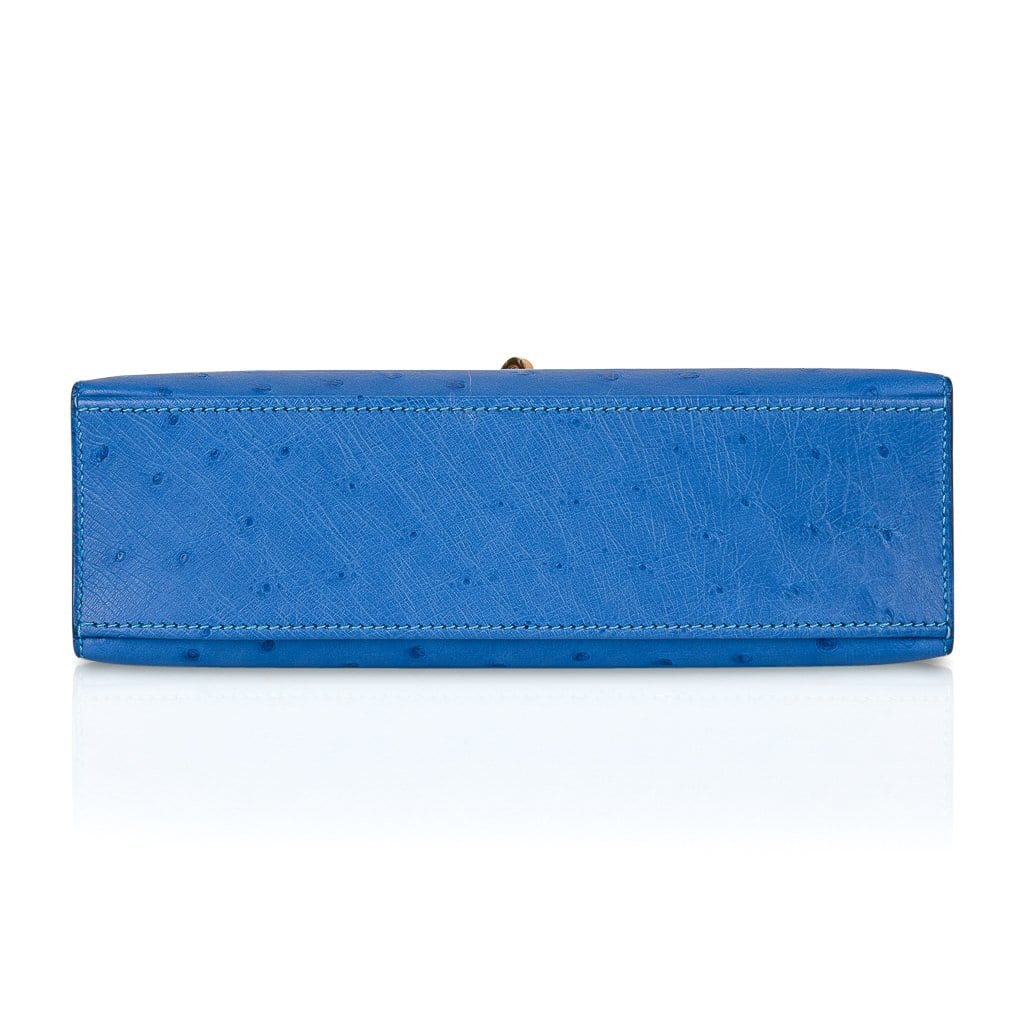 Bright Bleuet Blue Ostrich Leather Mini Flap Clutch With Shiny Gold Turn Lock and Slim Short Top Handle