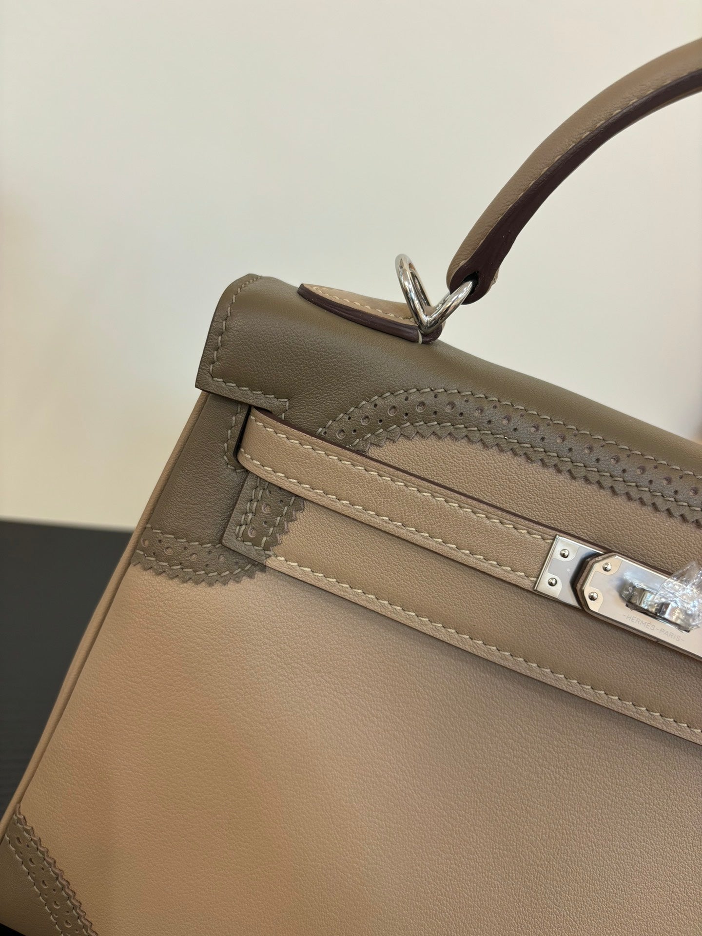 Warm Taupe Brown Two-Tone Lace Stitching Handbag With Silver Turn Lock and Round Top Handle