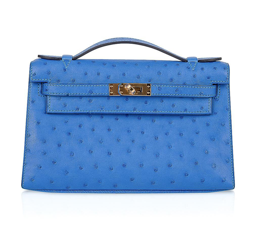 Bright Bleuet Blue Ostrich Leather Mini Flap Clutch With Shiny Gold Turn Lock and Slim Short Top Handle