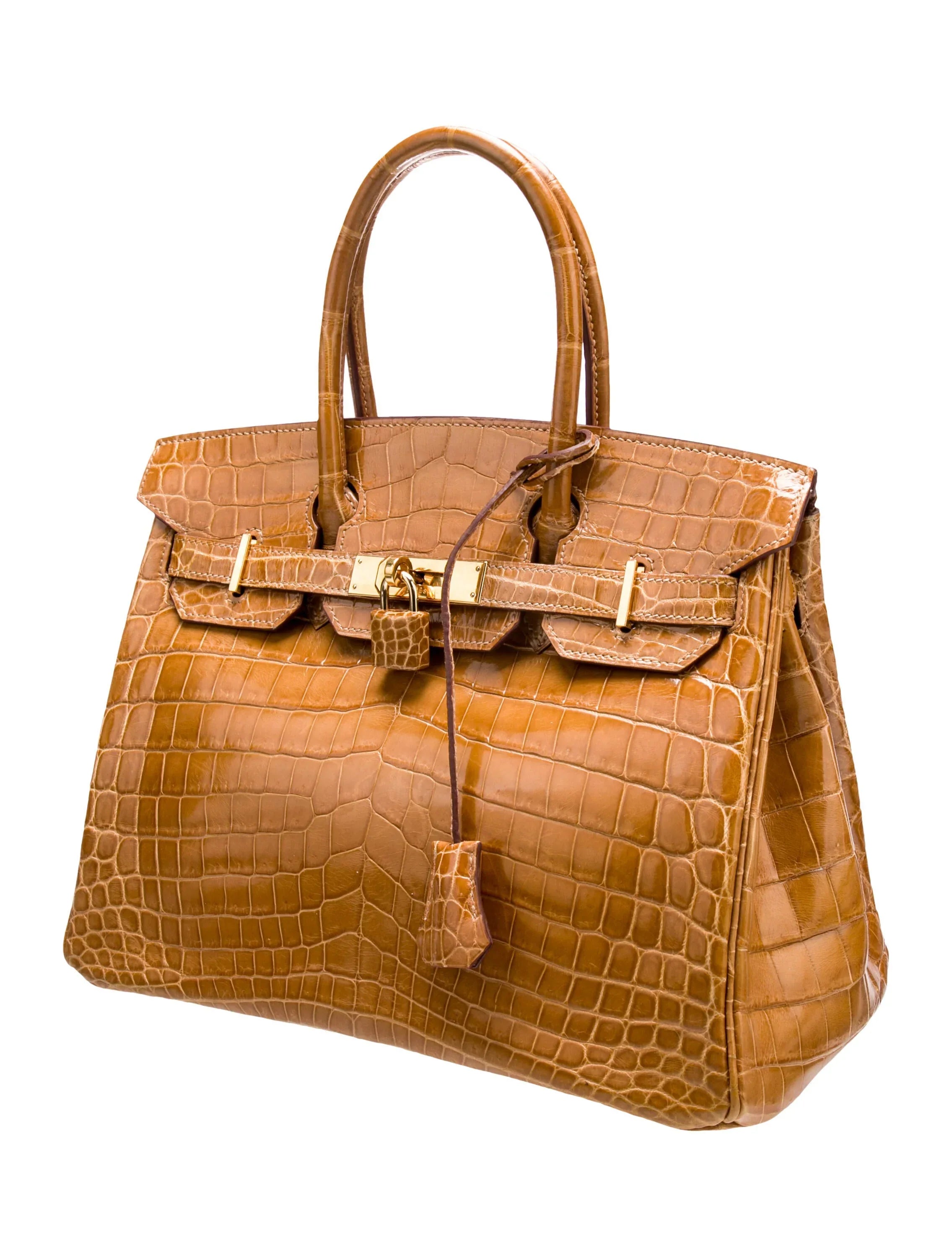 Glossy Warm Brown Shiny Crocodile Leather Structured Tote Bag With Full Polished Gold Turn Lock & Dual Rolled Top Handles
