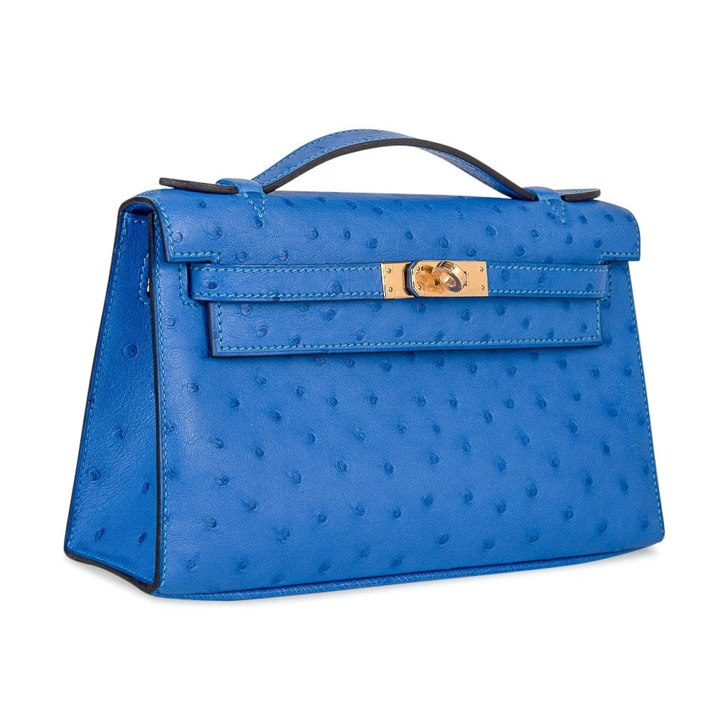 Bright Bleuet Blue Ostrich Leather Mini Flap Clutch With Shiny Gold Turn Lock and Slim Short Top Handle