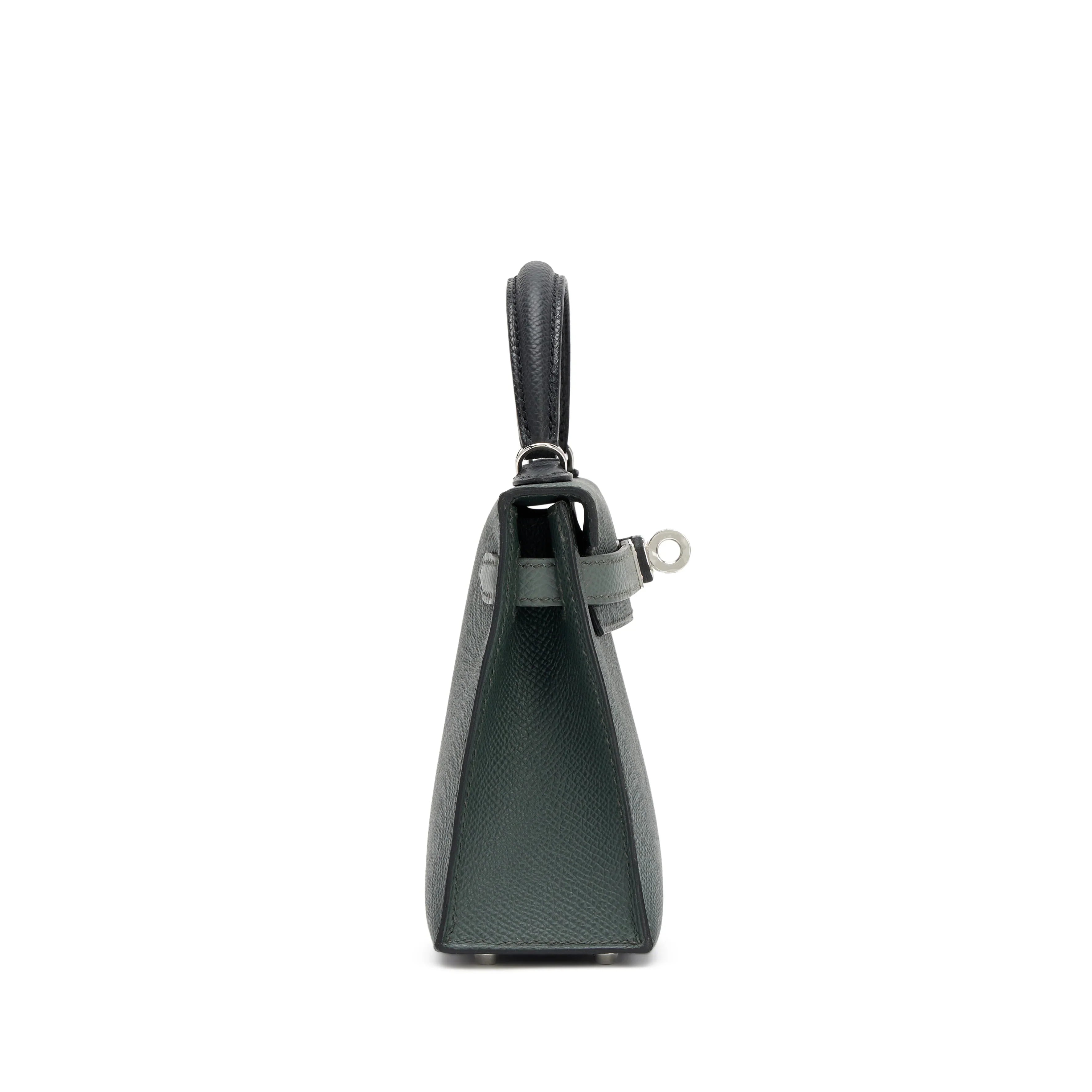 Almond Dark Green Mini Flip Handbag With Silver Turn Lock, Black Top Handle & Detachable Shoulder Strap