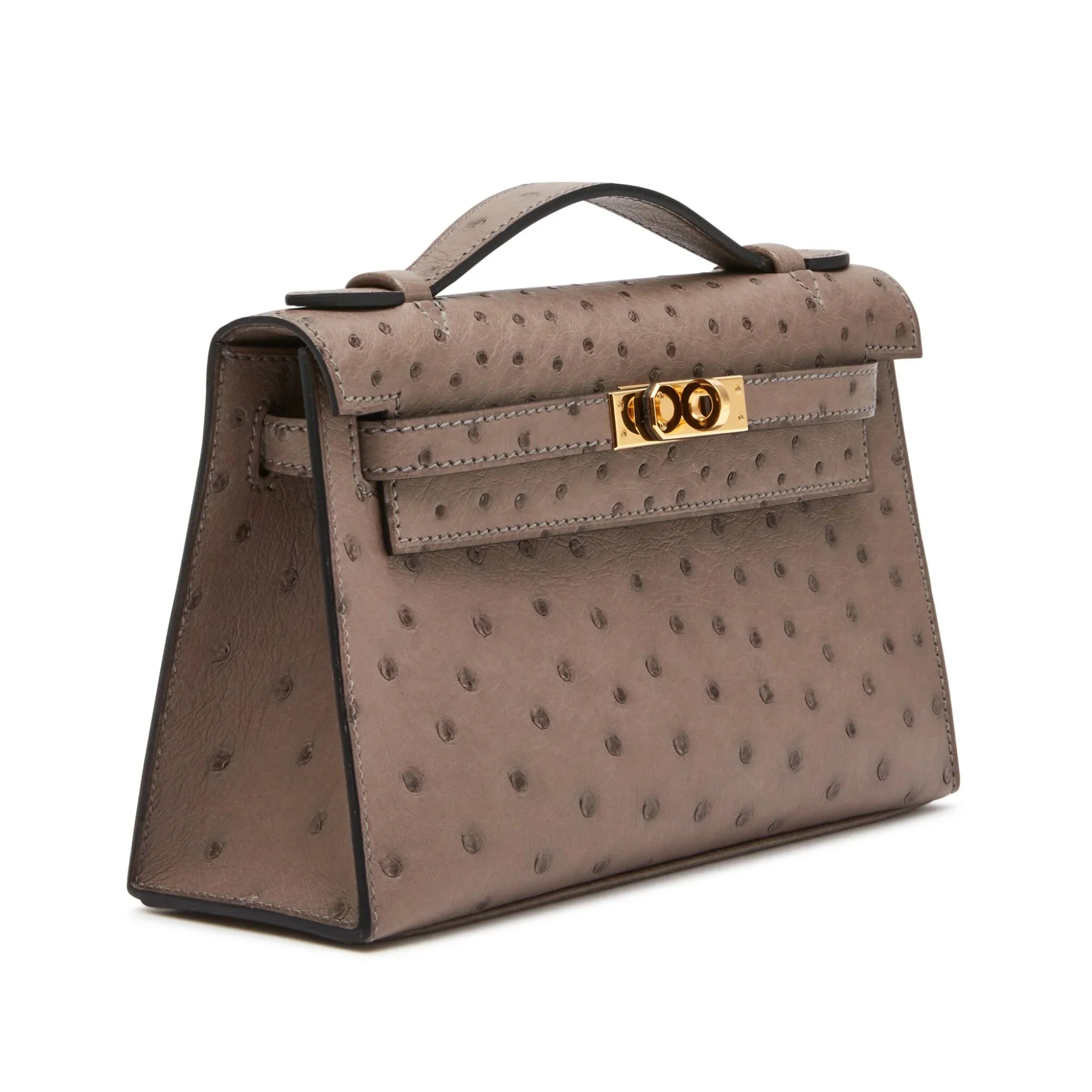 Dove Gray Ostrich Leather Mini Flap Clutch With Glossy Gold Turn Lock and Slim Flat Top Handle