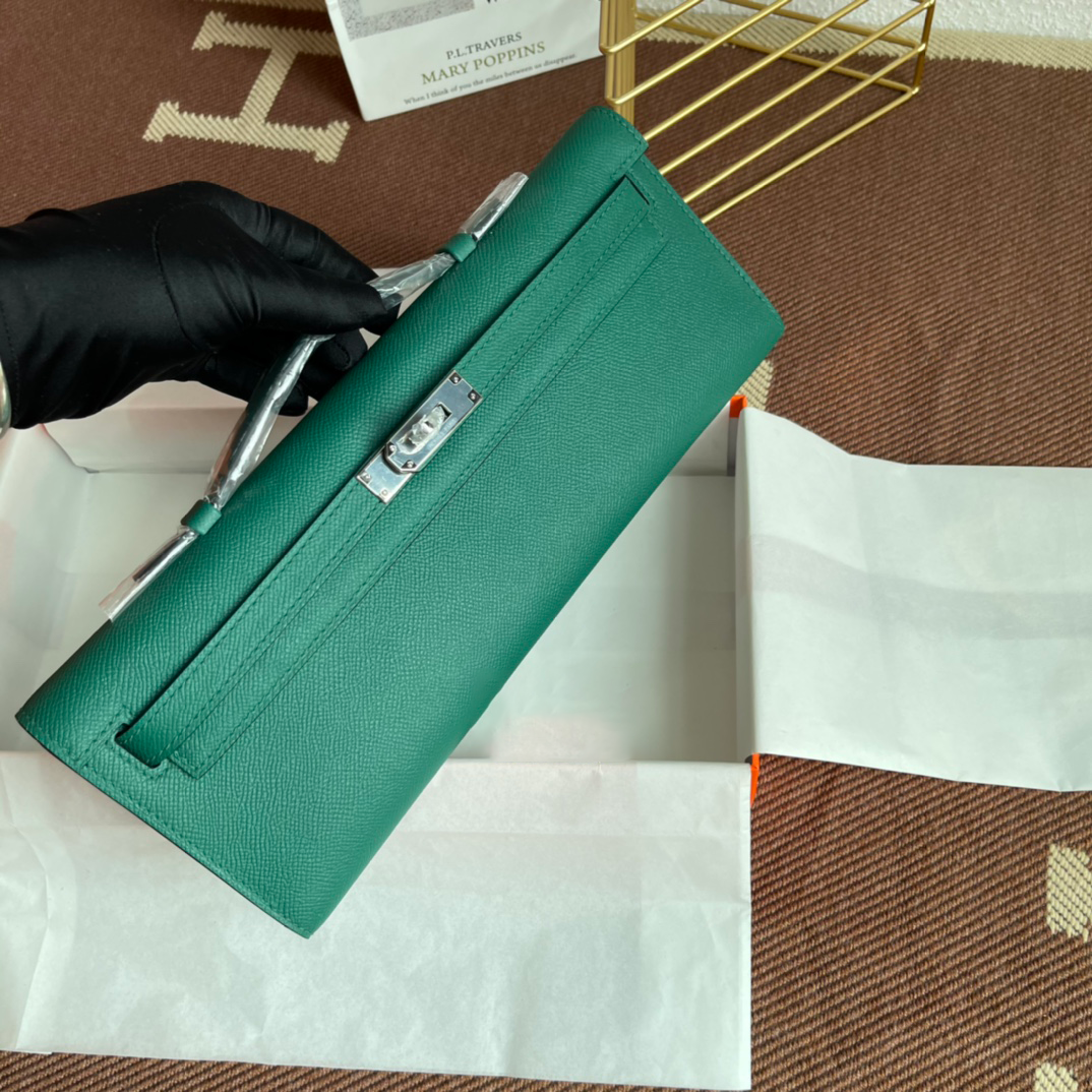 Peacock Green Long Flap Clutch With Polished Silver Turn Lock and Slim Hand Strap